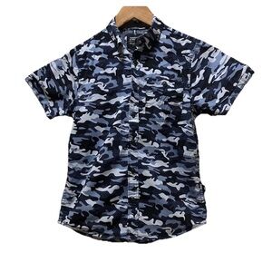 Boy’s Sunrise Kingdom Short Sleeve Button Shirt Sz M 10/12 Blue Camo Vacation